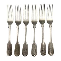 Set of six Victorian silver fiddle pattern dessert forks engraved with initials London 1885 Maker Goldsmiths Alliance 