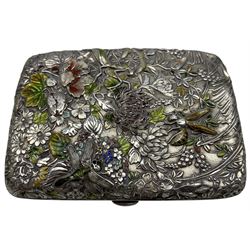Japanese silver cigarette case decorated with a raised pattern of insects, flowers and leaves highlighted in coloured enamels, character mark to reverse 8cm x 6cm