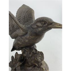 Two contemporary patinated bronze sculptures, modelled as a Pheasant Hen with five Chicks, and the other modelled as Kingfisher with wings outstretched, both unsigned H20cm (2)