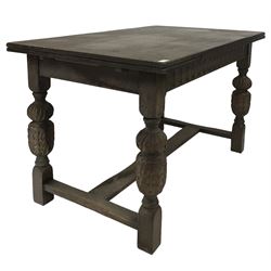 18th century design oak draw leaf dining table, the rectangular top over turned and carve baluster supports, united by stretchers 