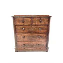 Victorian mahogany chest, with sarcophagus top over two short and three long graduated drawers, raised on plinth base with compressed bun supports W123cm, H127cm, D59cm