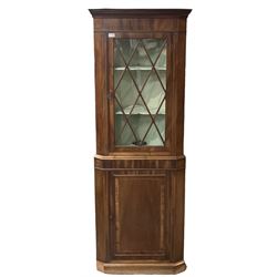 20th century mahogany corner display cabinet, with one glazed door of astragal design over one panelled door, raised on a plinth base  