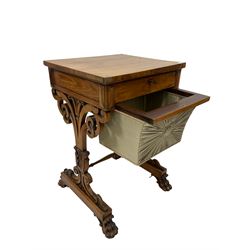 Early Victorian mahogany sewing table, the square top over one small and one large work drawer, raised on pierced sides, terminating in paw feet 