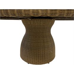 Neptune - rattan garden table, the circular top with parasol hole, raised on shaped pedestal, with glass top