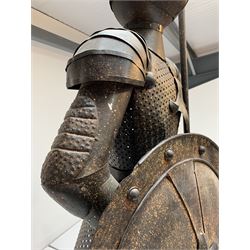 Medieval Style full size suit of armour and helmet together with shield and halberd, H200cm
