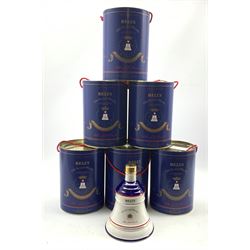 Six Wade Bell's Whisky decanters commemorating birth of Princess Beatrice in canister shape containers and with contents 
