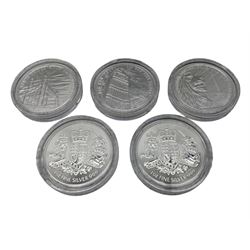 Five Queen Elizabeth II one ounce fine silver two pound coins