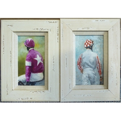  David 'Mouse' Cooper (British Contemporary): Portraits of Jockeys' Silks - 'Colours of Sole Power and Gigginstown House Stud', pair oils on board signed 18cm x 9.5cm (2)  