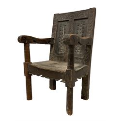 17th century Jacobean oak armchair, the cresting rail carved with lunettes, the panelled back with acanthus incised decoration, the stiles carved with repeating guilloche pattern, shaped arms terminating in C-scrolls, carved apron raised on ring turned supports