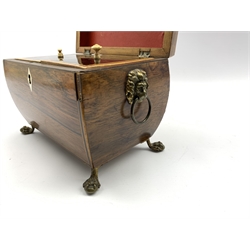 Regency rosewood two division tea caddy of sarcophagus form, brass lion mask handles above paw feet, L20cm