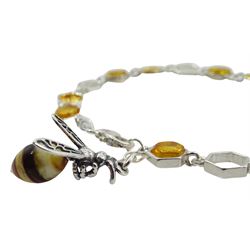 Silver Baltic amber bee and honeycomb link bracelet, stamped 925