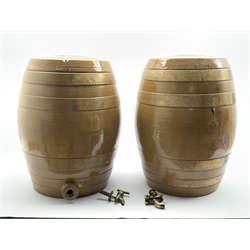  Pair of large stoneware barrels by George Skey, Tamworth with brass taps and inscribed 'Gin' and 'Sherry' in gilt lettering H54cm and a six gallon barrel H43cm  
