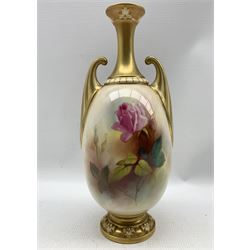 Early 20th century Royal Worcester vase by Harry Martin, of ovoid twin handled form, the body hand painted with roses, signed H. Martin, upon circular acanthus moulded foot, with puce printed marks beneath including shape number 2307, and date code for 1911, H27.5cm