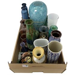 Flemish glazed vase, tall mottled glass vase, studio pottery etc in one box
