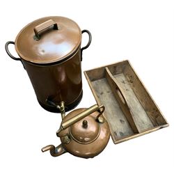 Copper tea urn, copper kettle and a two-division cutlery tray 