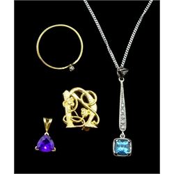 White gold blue topaz and diamond pendant necklace, gold 'N' brooch, gold amethyst pendant and a gold ring, all 9ct stamped or hallmarked