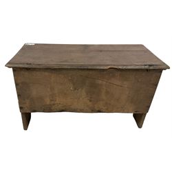 18th century oak coffer or chest, hinged rectangular two-plank top with moulded edge, enclosing candle box and main compartment, raised on end supports