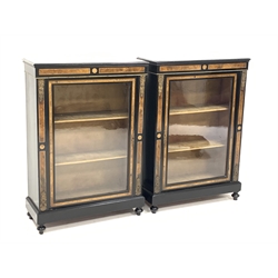 Pair Victorian ebonised and figured walnut pier display cabinet, glazed door enclosing shelves, floral cast gilt metal mounts and beading, on turned feet, W74cm, H104cm, D31cm
