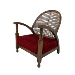Oak framed bedroom chair, canework back with crimson upholstered seat; another childs or bedroom chair and a folding oak table (3)
