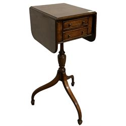 20th century walnut drop leaf work table, the drop leaf top over two oak lined drawers, raised on one turned column leading into three splayed supports, terminating in peg feet