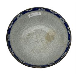 Chinese blue and white crackle glazed bowl with bronze glazed borders, D23.5cm 