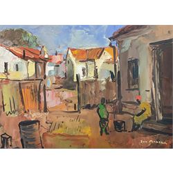 Donald James 'Don' Madge (South African 1920-1997): Village Scene with Figures, oil on board signed 29cm x 39cm