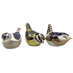 Three Royal Crown Derby paperweights comprising a Blue Tit, dated 1996 and two Wrens dated 1993 and 1994 (3) 