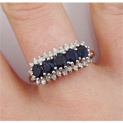 9ct gold five stone sapphire and diamond chip cluster ring, hallmarked