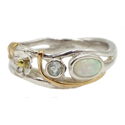  Silver and 14ct gold wire opal and aquamarine ring, stamped 925  