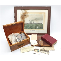 Naval pine ditty box and various naval memorabilia relating to W.E. Dunning including programme of the visit of 1st Battle Squadron to Scarborough 1919, Certificate of Service of Wilfred Dunning, volunteered 1915, post cards, photographs, print etc