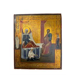 The Nativity of the Mother of God (Theotokos): Early 20th century Icon depicting Saint Anne reclining in bed watching the Virigin Mary held by a midwife with Mary's father Joachim standing, tempera on panel 31cm x 27cm