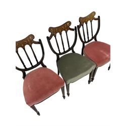 Pair of Edwardian rosewood salon chairs, raised on peg feet with castors, together with three standard chairs of similar design  