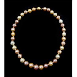 Single strand cultured peach, white and pink pearl necklace, on 9ct gold clasp stamped 375