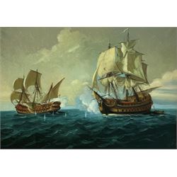 English School (20th century): Naval Battle, oil on canvas unsigned 64cm x 90cm