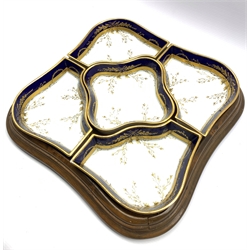 19th century Fischer & Mieg porcelain hors d'oeuvres dish on fitted walnut tray,  37cm x 37cm 