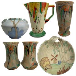 Art Deco pottery to include three Dalmara Ware vases, H20cm max, Beswick twin handled vase no. 396, Crown Devon Windmill pattern bowl and hand painted jug (6)