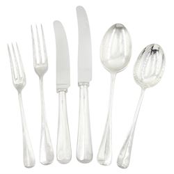 Suite of silver rat tail cutlery for six covers comprising six table forks, six dessert forks, six dessert spoons, six table knives and six dessert knives Sheffield 1966 Maker Cooper Bros. & Son and a tablespoon Sheffield 1955 Maker Garrard & Co 33.8oz