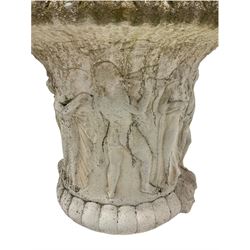 Large reconstituted stone garden Medici style urn planter, flared egg and dart moulded rim over body decorated with classical figures, raised on fluted socle and square base H