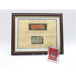 Silver framed penny black with cancellation stamps, framed 'errors on British issue' 