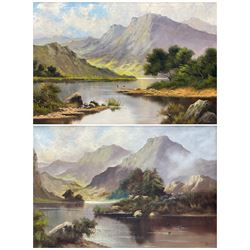 J Ducker aka Francis E Jamieson (Scottish 1895-1950): Highland Loch Landscape with Grazing Sheep, pair oils on canvas signed 49cm x 75cm (2)