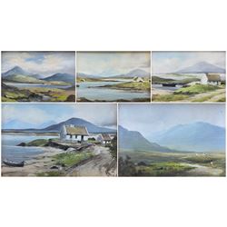 Susan Webb (Irish 1962-): 'Bog Road' 'Blue Lake Connemara' Irish Rural Landscapes with Cottages, set five oils on board signed with monogram, two signed and titled verso 12cm x 17cm (5)