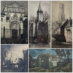 William Strang (Scottish 1859-1921): Museum of Santa Cruz - Spain, etching signed in pencil, initialled and dated 1913 in the plate; Leonard Howells (British 19th/20th century): 'The Belfry Bruges' and 'Bruges', pair etching signed and titled; Frederick Marriott (British 1860-1941): 'The Chateau at Dieppe', coloured etching signed and titled pub. 1918 together with interior Dutch scene etching max 30cm x 17cm (5)