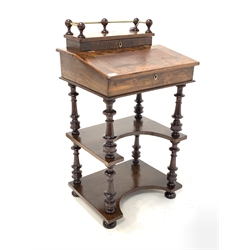 Victorian figured walnut and boxwood strung davenport, three quarter chased brass galleried top with correspondence compartment over sloped front with inset tooled skiver writing surface lifting to reveal storage well, two shaped tiers under, raised on turned supports 