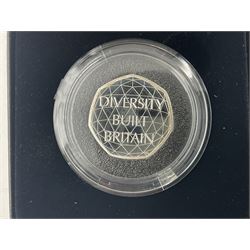 Two The Royal Mint United Kingdom 2020 silver proof fifty pence coins, comprising 'Celebrating British Diversity' piedfort and 'Withdrawal from the European Union', both cased with certificates (2)