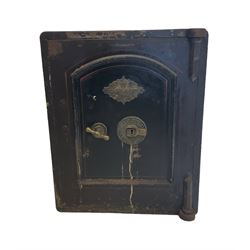 Skidmore Bent Steel Safe, one locking door enclosing two interior drawers, with working key