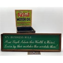  'Pem' Motor Oil advertising box, 'Electric Treatment' advertising plaque and tin advertising board, L94cm   