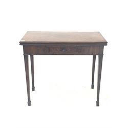 Georgian mahogany fold over tea table, with single frieze drawer, raised on square tapered supports with peg feet W82cm