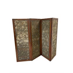 19th century walnut four panel folding screen, panelled with anaglypta paper
