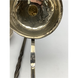 George III silver punch ladle with oval bowl and twisted whale bone handle, marks indistinct, another , the bowl inset with a gold coin, unmarked, and a smaller silver ladle London 1810