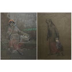 English School (Early 20th century): 'Her Treasure' and 'Meditation', two charcoal and chalk sketches titled the latter signed FAR and dated 1935 max 70cm x 54cm (2)